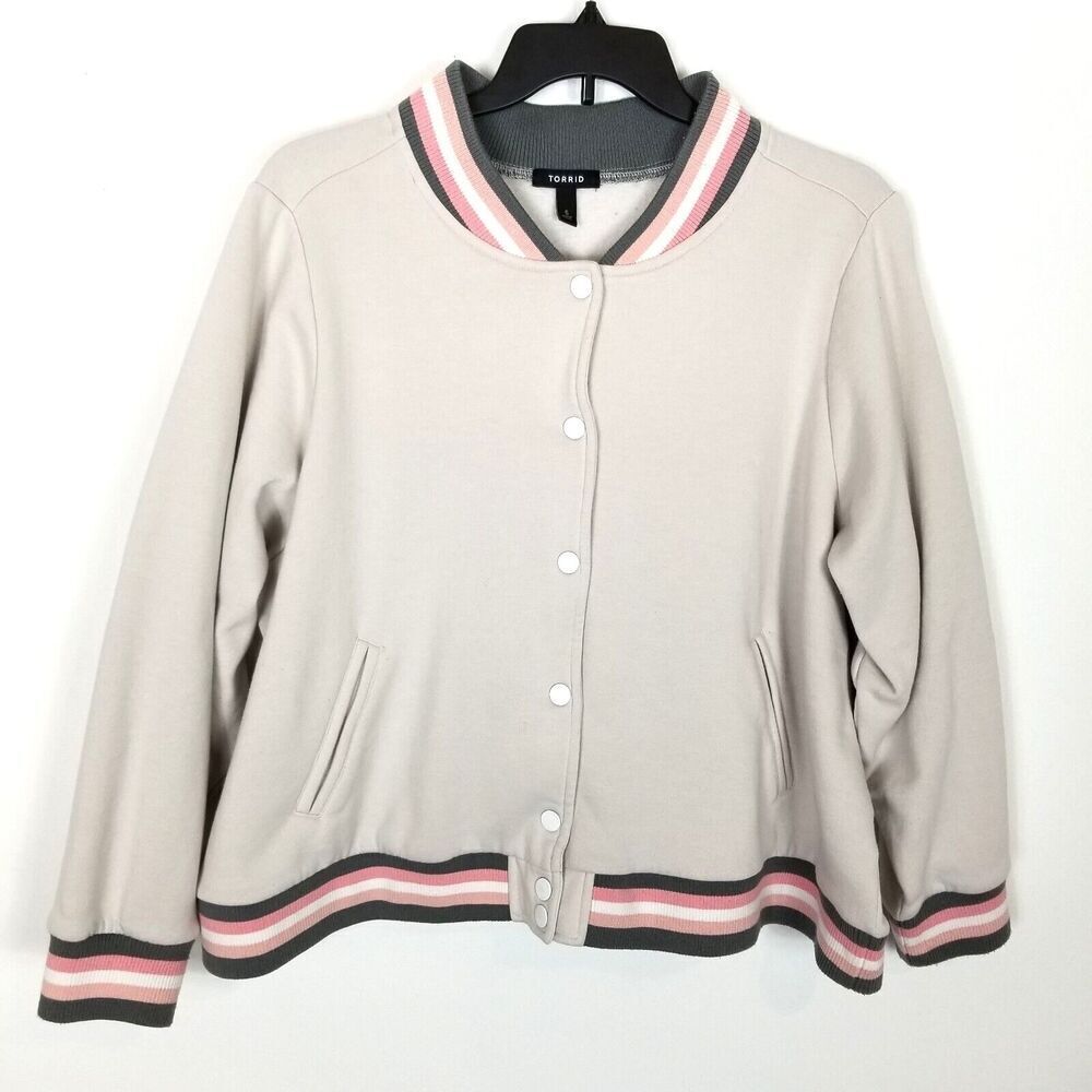 Torrid Women Plus Ivory & Multi Stripe Trim Fleece‎ Crop Bomber Jacket Sz 5X